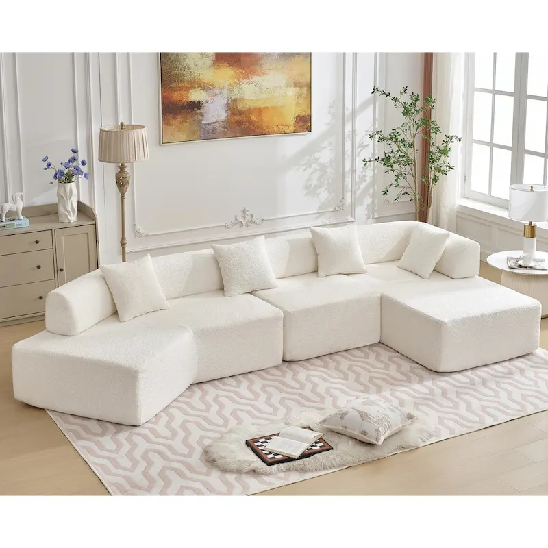 White 140  Oversized Boucle Upholstered L-Shaped Modular Sectional Sofa, 3-piece Free Combination, No Assembly Required