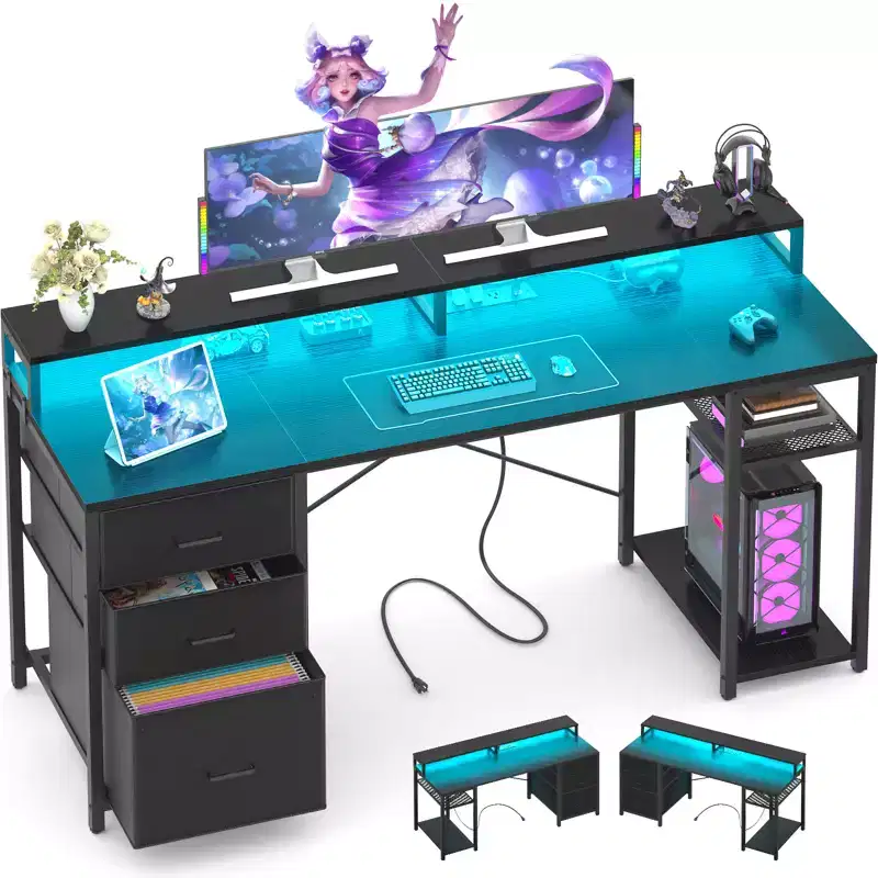 Besiost Computer Desk with File Drawers, Home Office Desk with Storage Shelves, Monitor Stand