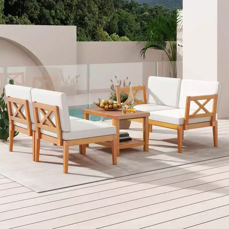 Costway 5 PCS Acacia Wood Patio Furniture Set with Cushions and 2-Tier Coffee Table