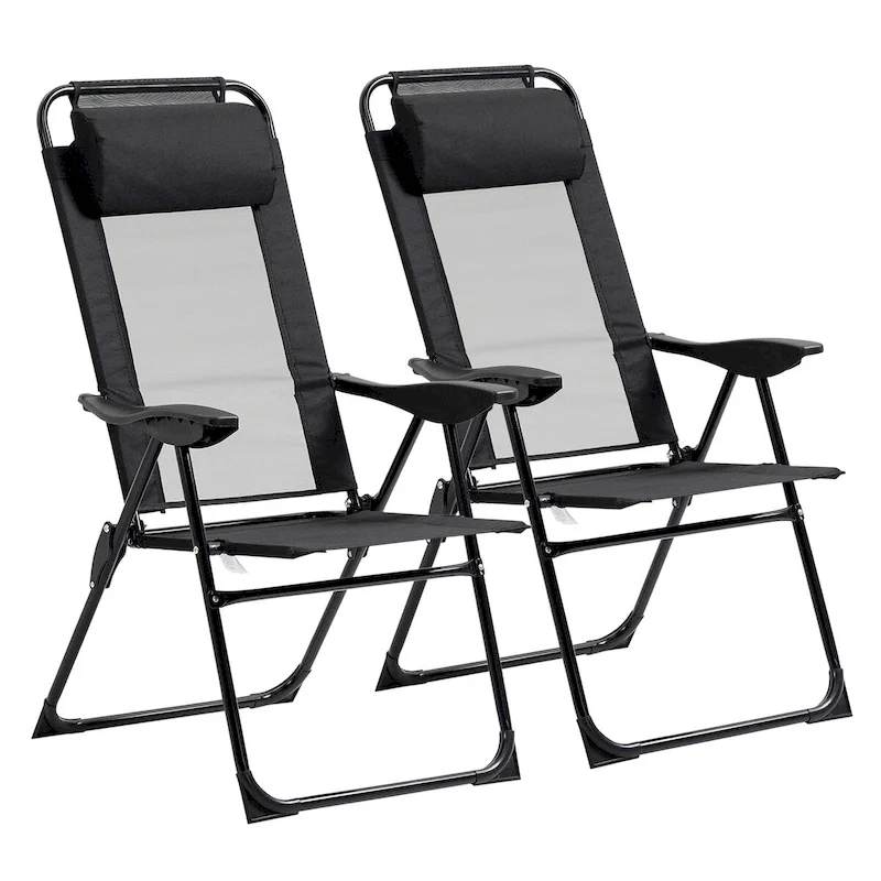 Folding Patio Chairs Set of 2, Deck Chair with Adjustable Sling Back, Camping Chair with Removable Headrest