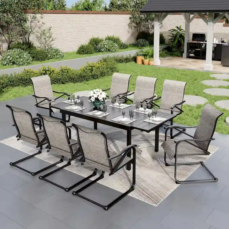 9-Piece Dining Set, 1 Extendable MetalTable and 8 Spring Motion Textilene Chairs