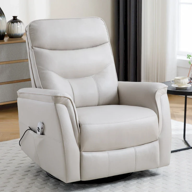 Beige/Grey/Brown Faux Leather Power Swivel Glider Recliner, Single Seat