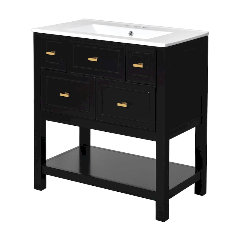30 Bathroom Vanity with Ceramic Sink Combo, Free Standing Single Vanity Set with 5 Drawers