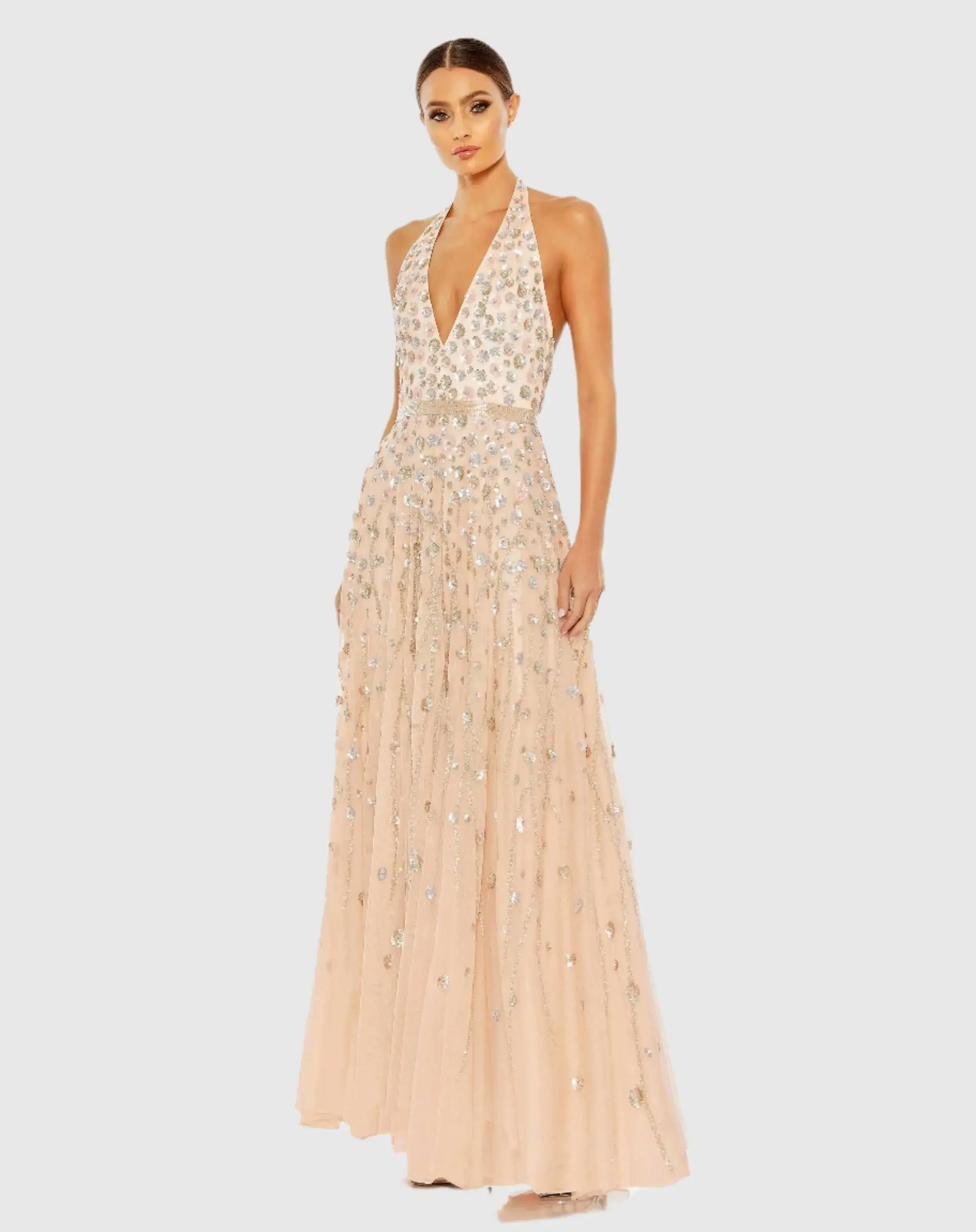 Pink Floral Embellished Halter Strap A Line Gown