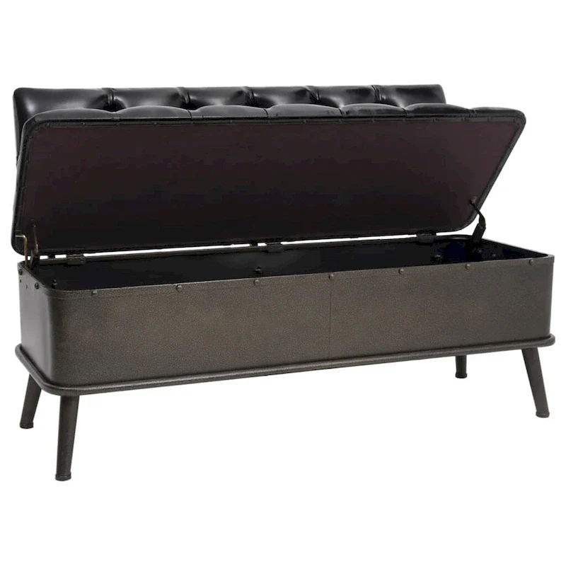 Black Faux Leather Storage Bench with Backrest, 1-Person