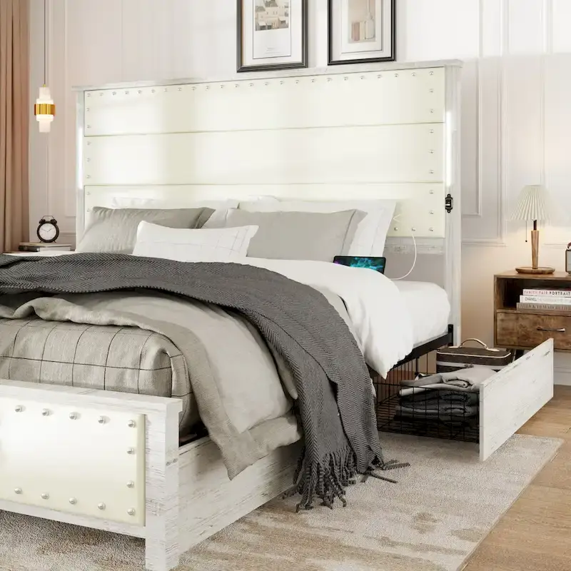King Bed Frame with Headboard&Charging Station, 4 Drawers, LED Lights, Wood Slats, Faux Leather & Rivets, No Box Spring Needed