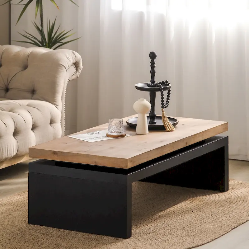 Black and Natural Wood Living Room Table Versatile Coffee Table 2-Tiered Wood Tabletop Table