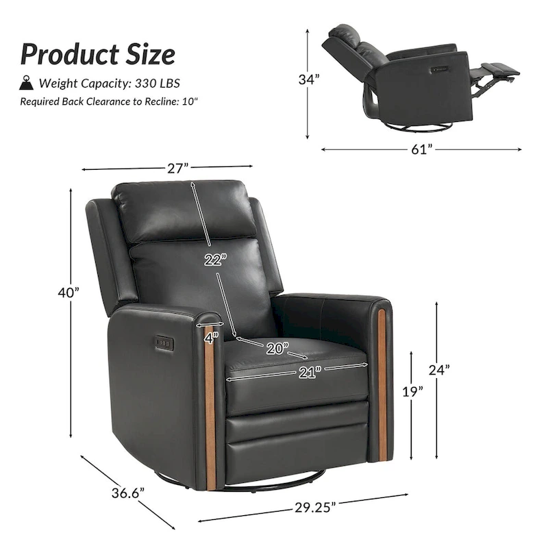 Jaime Modern Genuine Leather Rocking Swivel Power Recliner with Adjustable Headrest and Footrest by HULALA HOME
