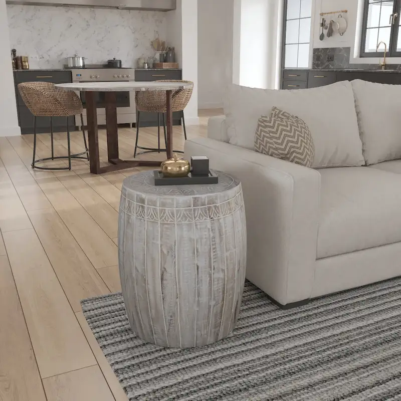 Serenity Side End Table with 16 Inch Round Top, In Antique White Mango Wood