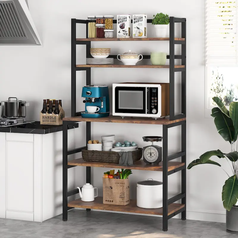 5-Tier Kitchen Bakers Rack with Hutch - Brown/Black/White