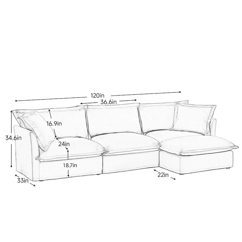 120 Chenille L-Shaped Sectional with Convertible Ottoman & 2 Pillows and 3-Seater Cloud Couch