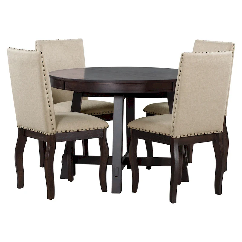 5-Piece Wooden Dining Table Set with Extendable Round Table & 4 Chairs