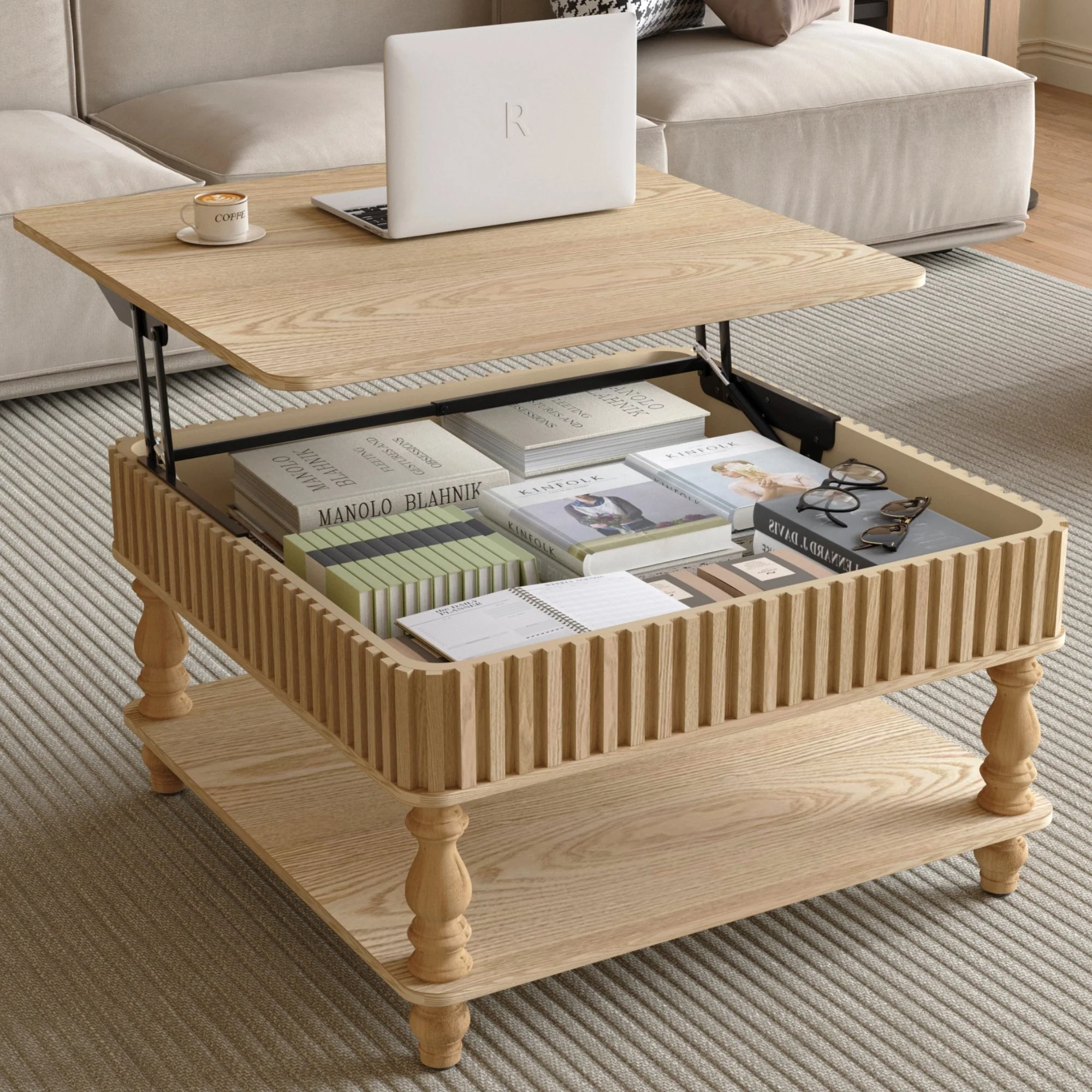 Walker Edison | Lift-Top Elevated Traditional Fluted Coffee Table
