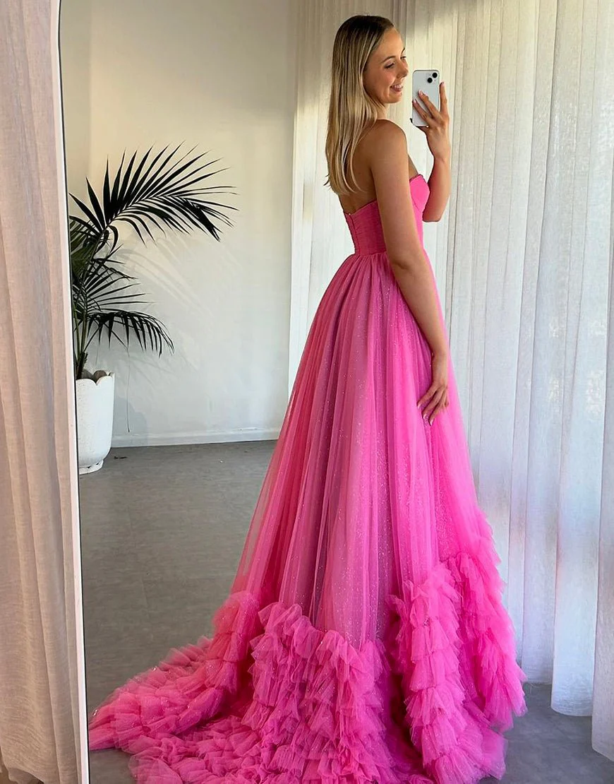 Pink Sweetheart Tiered Tulle Long Prom Dresses