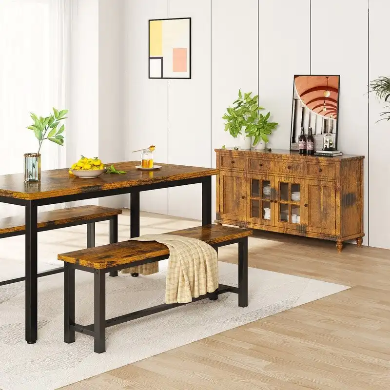 Grondin Industrail Style Dining Bench 2 Pieces Set, Wooden & Steel Dining Benches Set of 2, Durable and Stable Entryway Benches