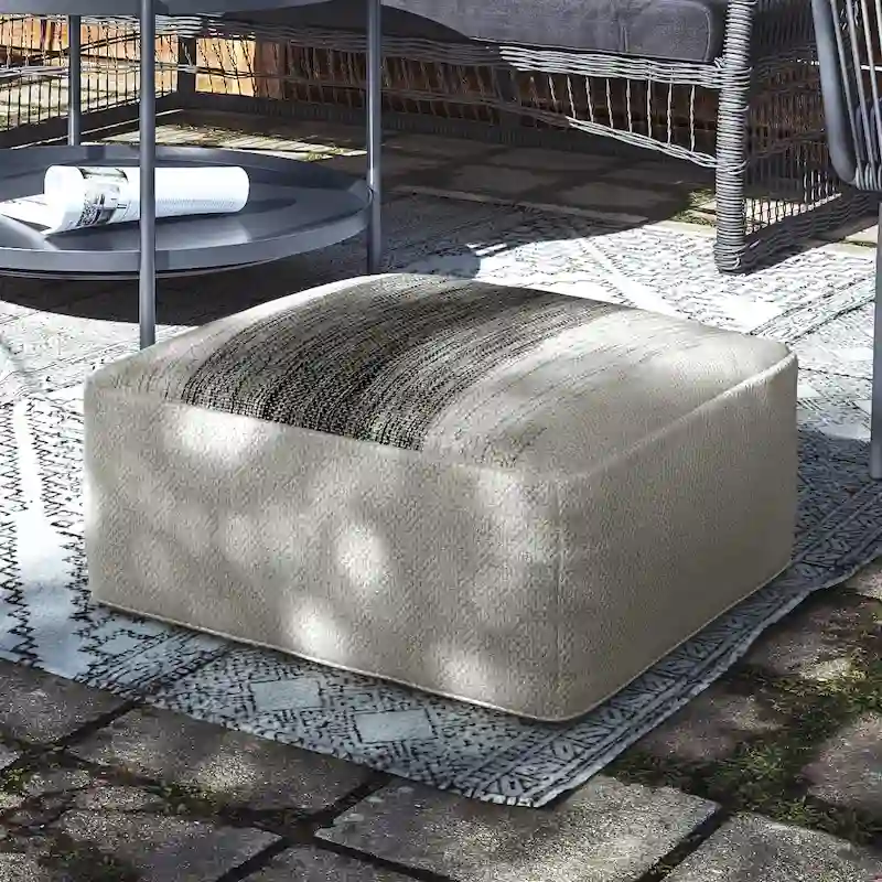Irena Square Woven Outdoor/Indoor Pouf - Grey & White Recycled PET Polyester
