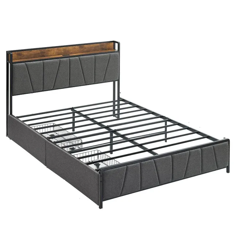 Linen Upholstered Platform Bed Frame with Drawers, Storage Headboard