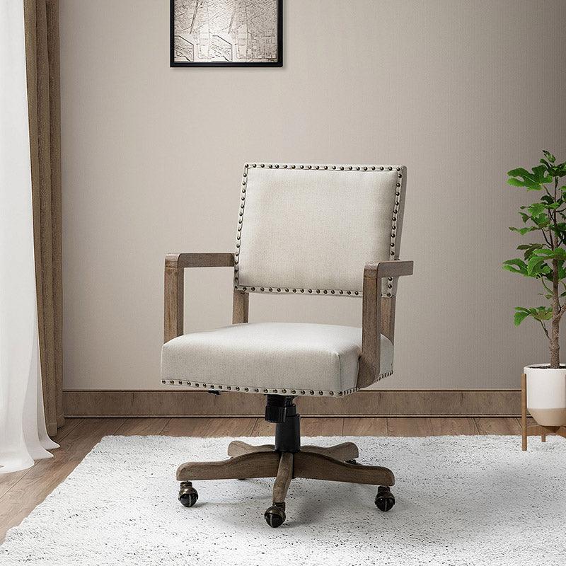 Fabric Swivel Office Chair with Nailhead Trim, Adjustable Height & Solid Wood Base | Linen / Navy | Single Seat