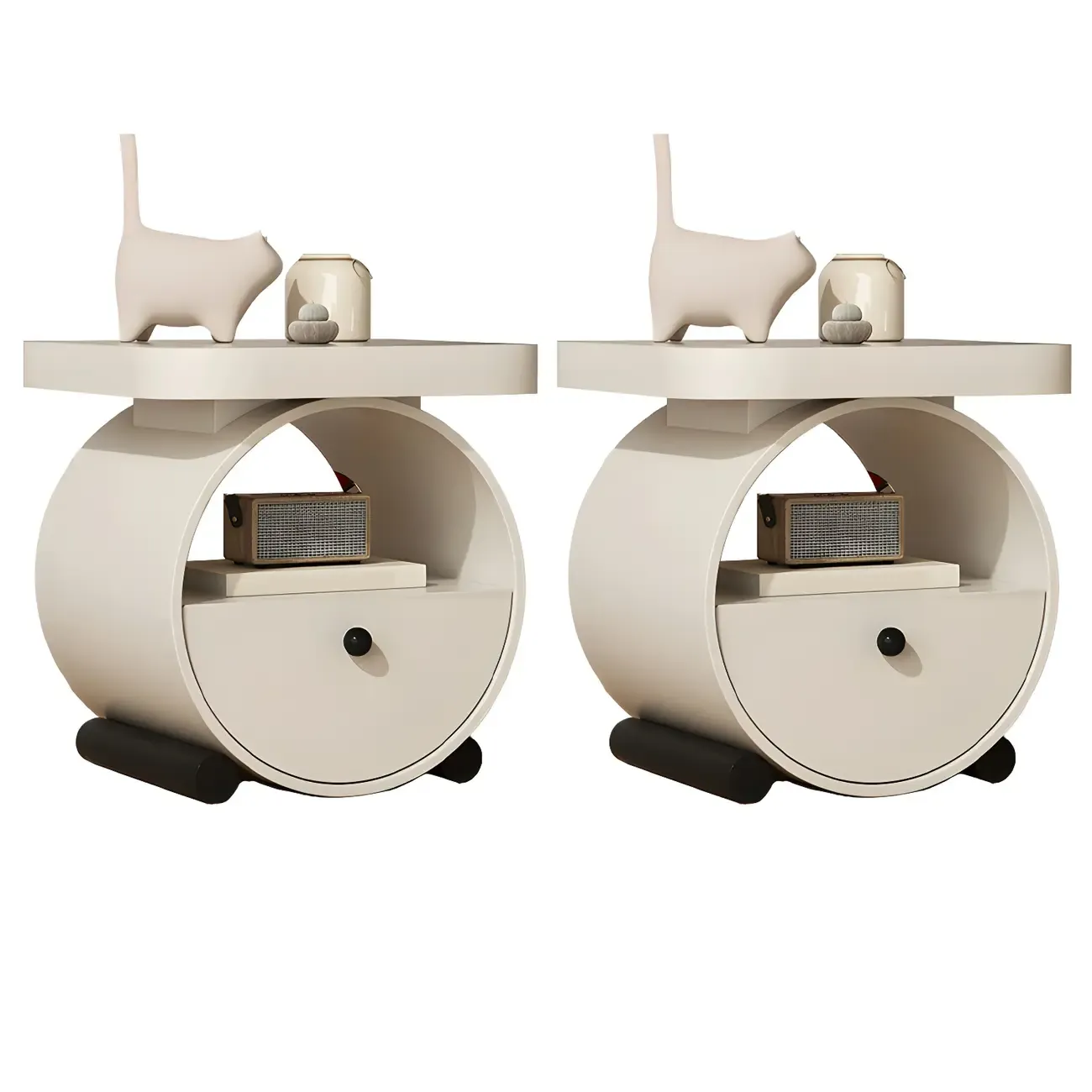 Khaki Beige Round Wooden Nightstand with Shelf & Drawer