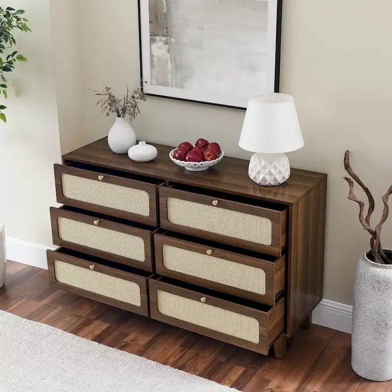 6-Drawer Rattan Wood Dresser