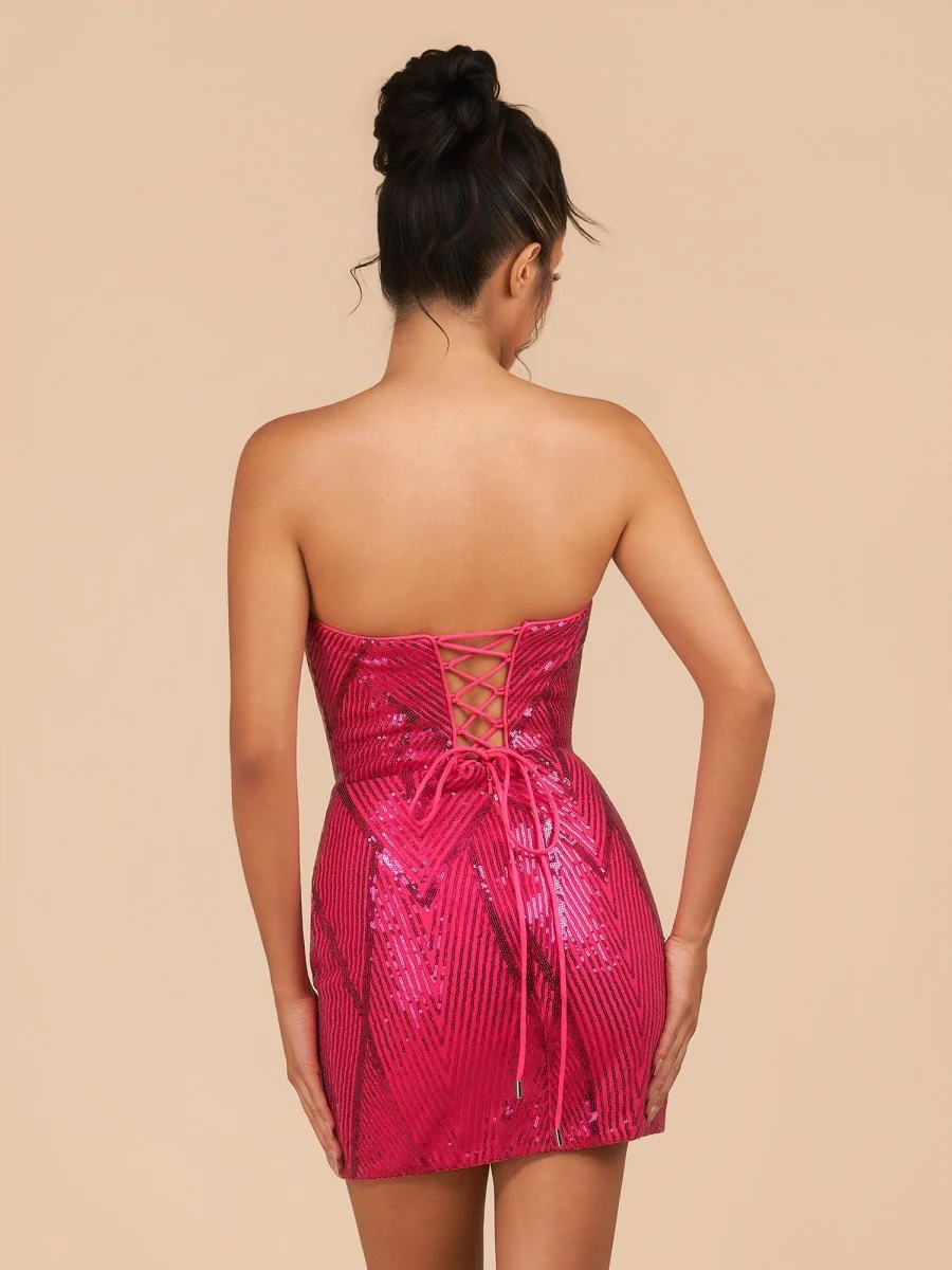 Fuchsia - Strapless Bodycon Sequins Mini Party Dresses With Slit