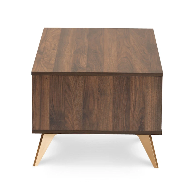 Edel Mid-Century Walnut Brown and Gold Finished Wood Coffee Table