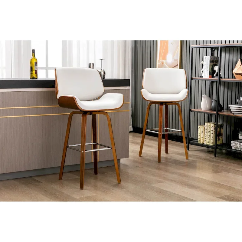 Swivel Counter Stool with PU Leather Seat and Wooden Legs