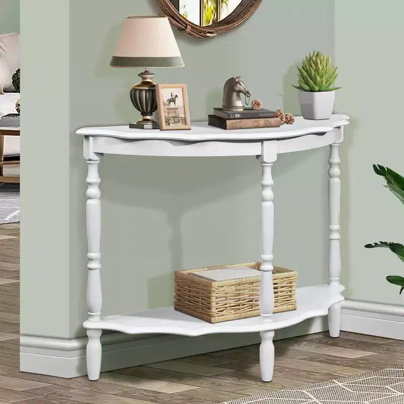 Okak Half-Moon Console Table with Cloud Design Tabletop, Entryway Table with Wooden Frame and Legs, Hallway Table for Living Room, Foyer, White