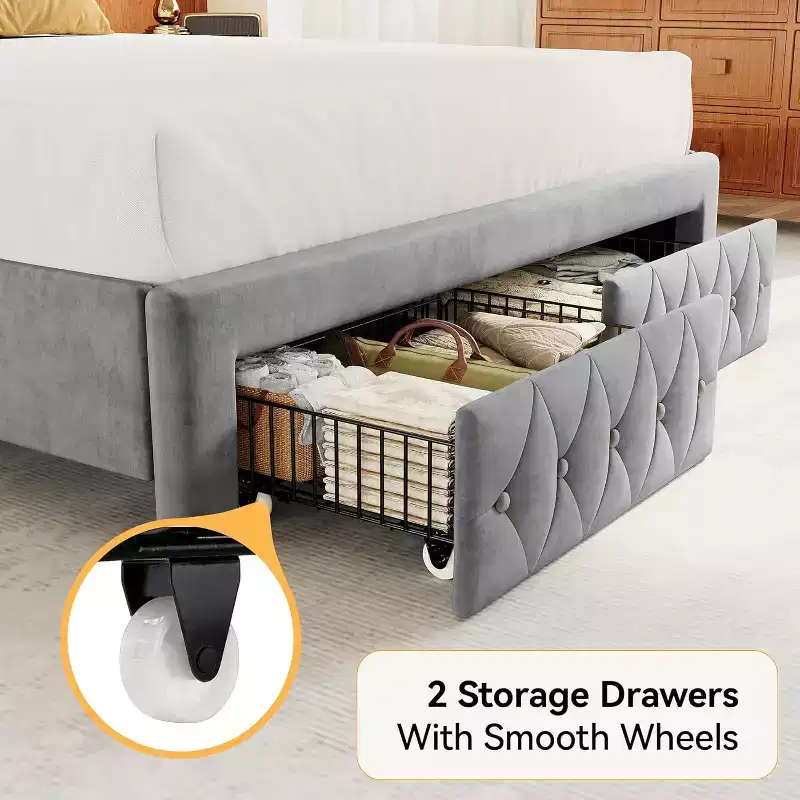 Dyonery Queen Velvet Bed Frame, 52.6 Wingback Tufted Headboard, 2 Drawers, No Box Spring