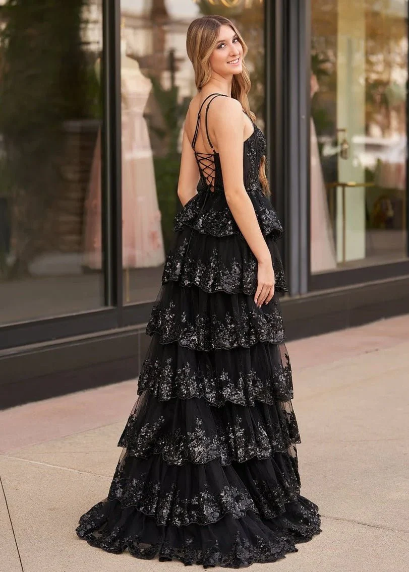 Sheath One Shoulder Tiered Lace Long Prom Dress