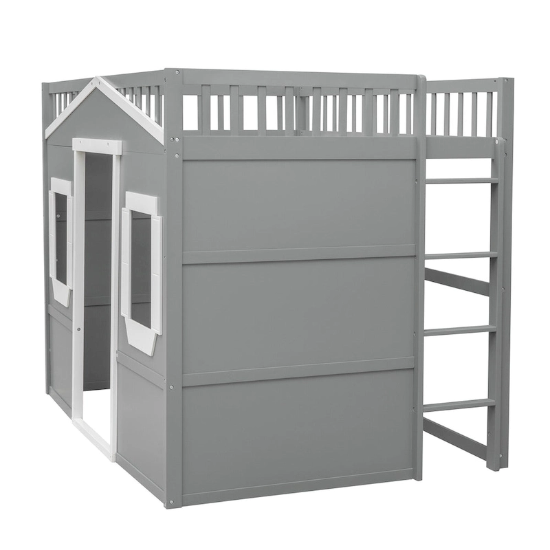 House Loft Bed With Ladder-Gray+White Frame