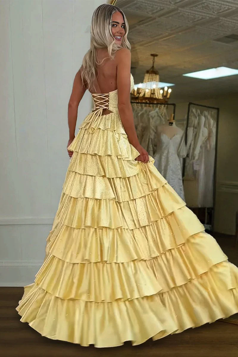 Yellow Strapless A Line Satin Beaded Long Prom Dresses With Ruffles