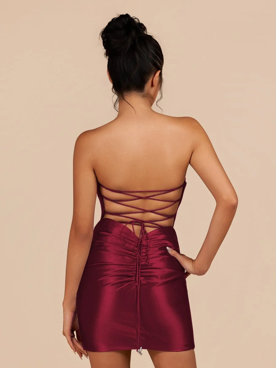 Burgundy Bodycon Satin Sweetheart Corset Homecoming Dress with Sequined Flowers