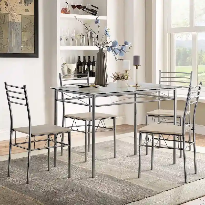 5-pieces Modern Dining Sets,Tempered Glass Table Top and 4 PU Chairs