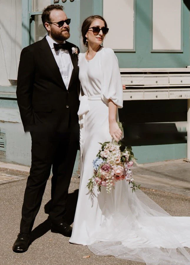 Simple Elegant Half Sleeves Crepe O-Neck White Wedding Dresses with Sash