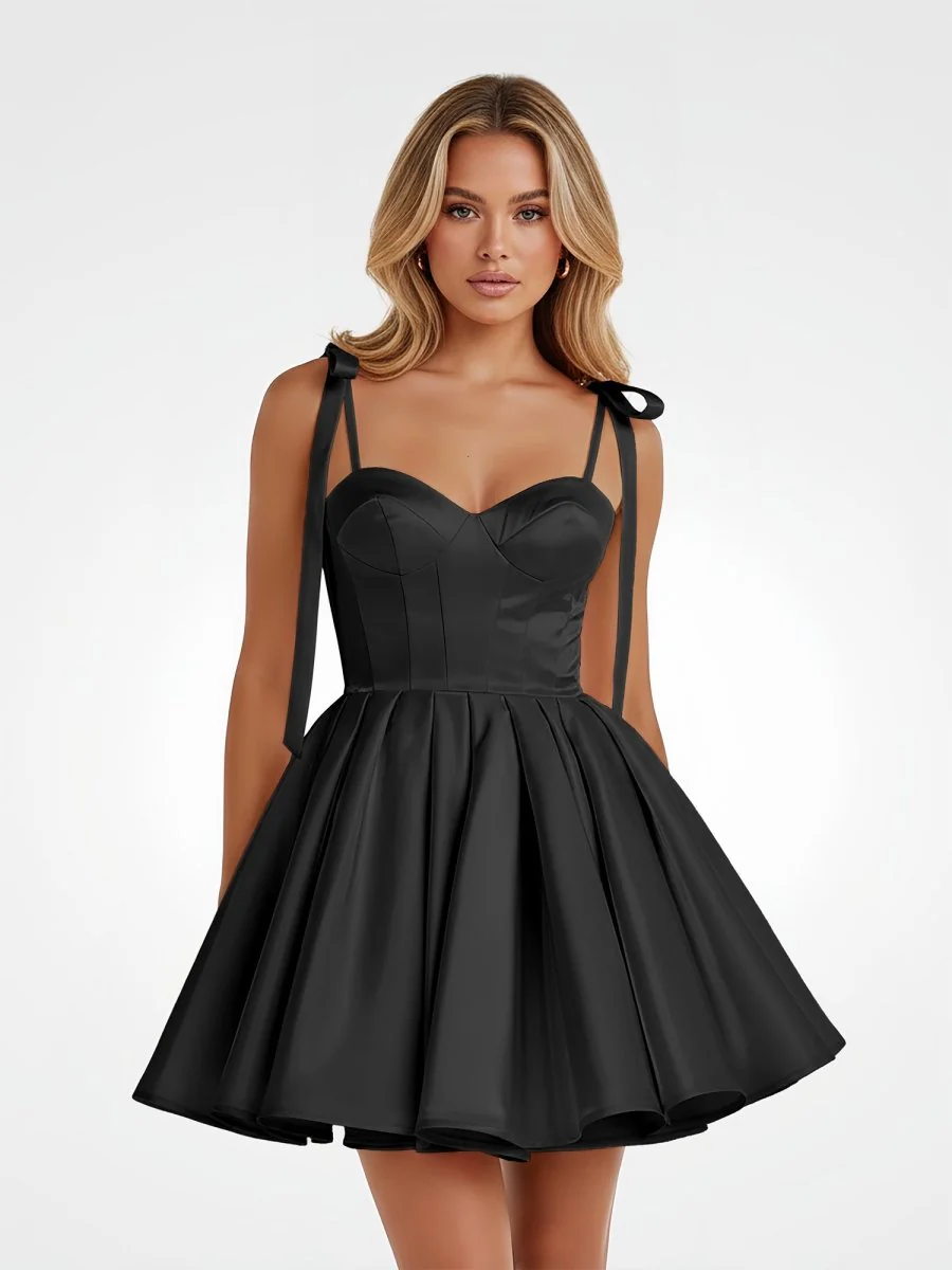 Black – Spaghetti Straps Satin Pleated A-Line Homecoming Dress With Bow