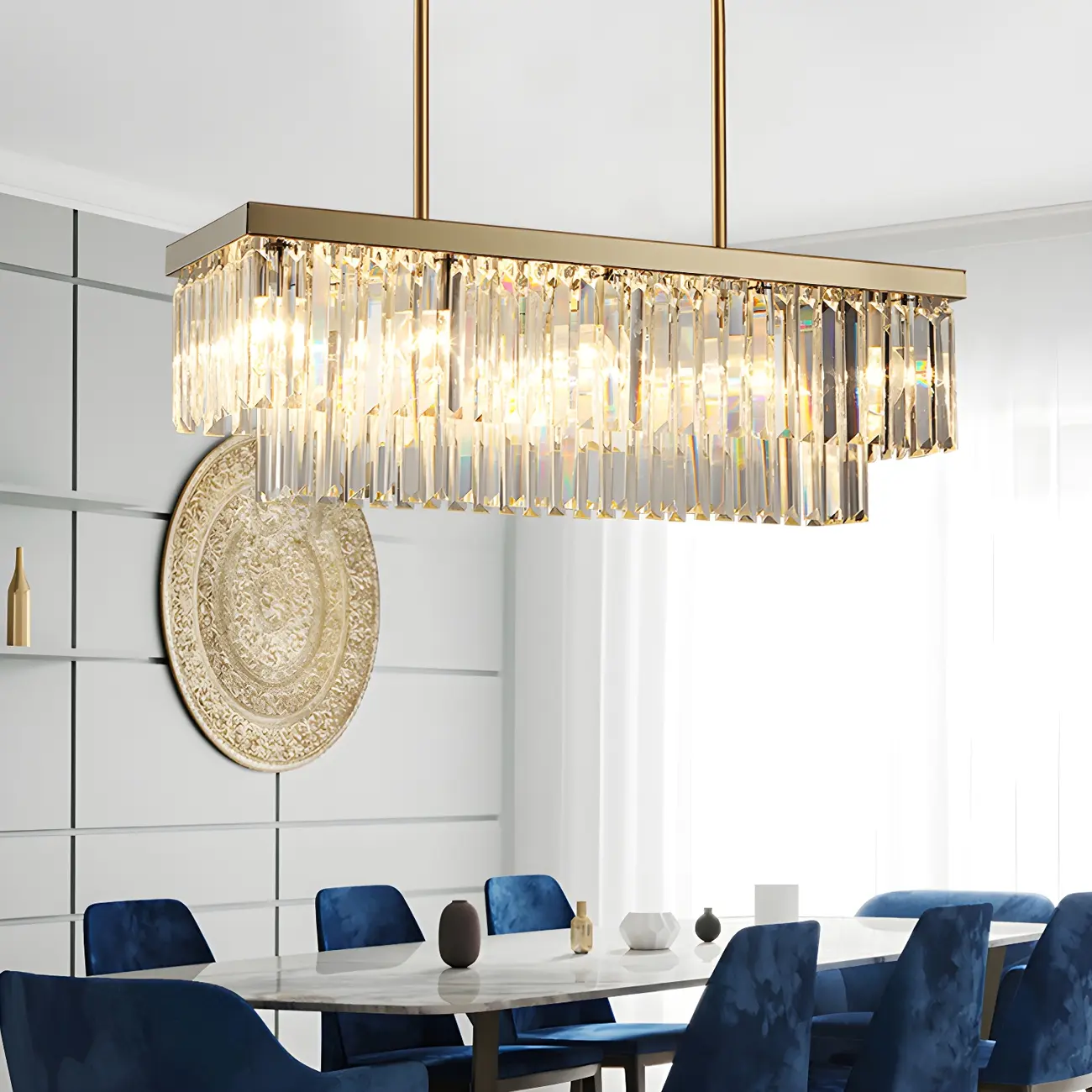 Modern Large Crystal Rectangle Island Pendant Light