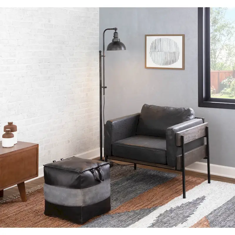 Industrial Pouf Ottoman in Leather and Canvas