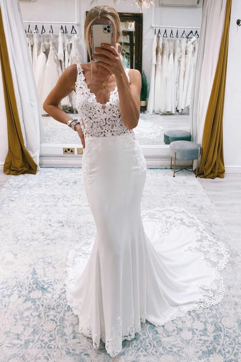 Mermaid White Deep V-Neck Long Wedding Dress with Lace Appliques