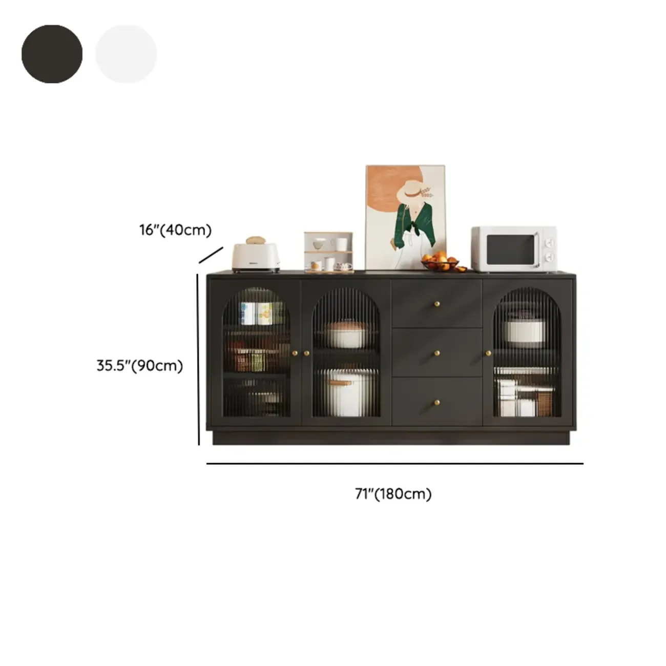 Elegant Adjustable Arched Glass Wood Buffet Cabinet with 3 Drawers