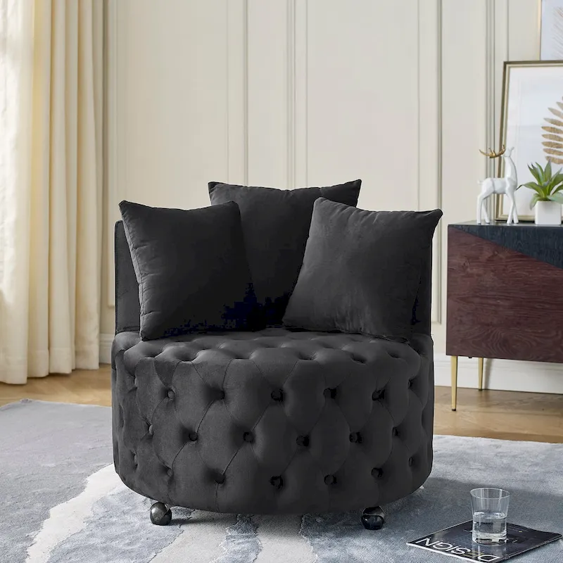 Velvet Swivel Accent Chair – Button Tufted, Single Seat | Khaki / Pink / Beige / Grey / Black / Green