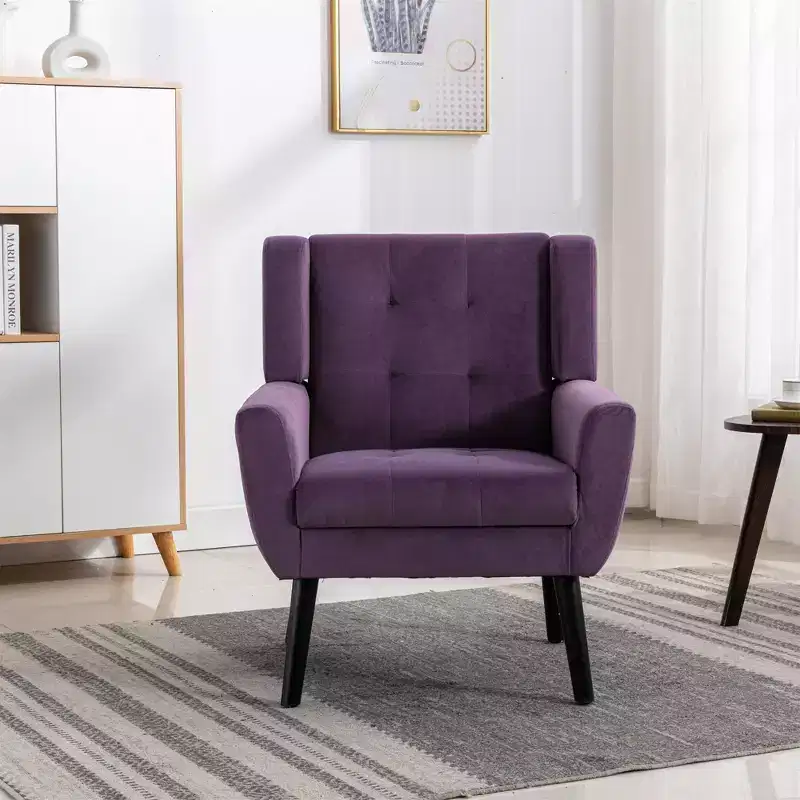 Etokfoks Velvet Upholstered Accent Chair 29.5W x 29.5D x 34.6H Padded Seat Curved Back Black Wood Legs for Living Room Bedroom