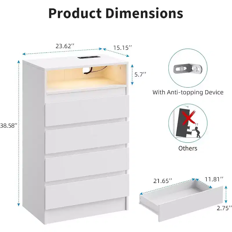 4 Drawer Double Dresser with Power Outlet, Accent Chests of Drawers with LED Light, Modern White Storage Dresser with Charging Station