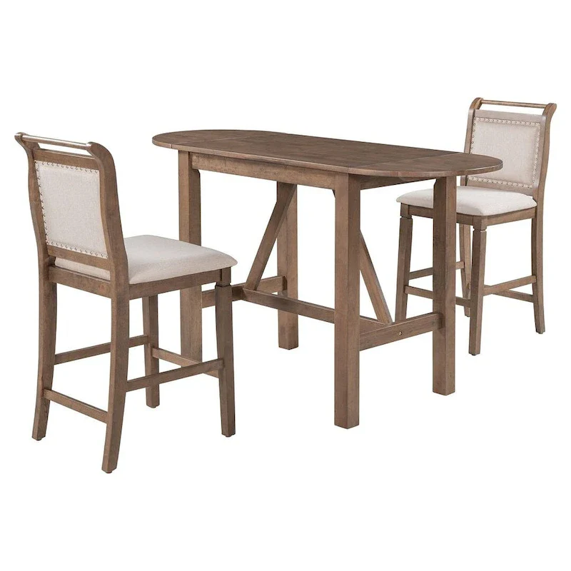 3-Piece Wood Counter Height Drop Leaf Dining Table Set with 2 Upholstered Dining Chairs