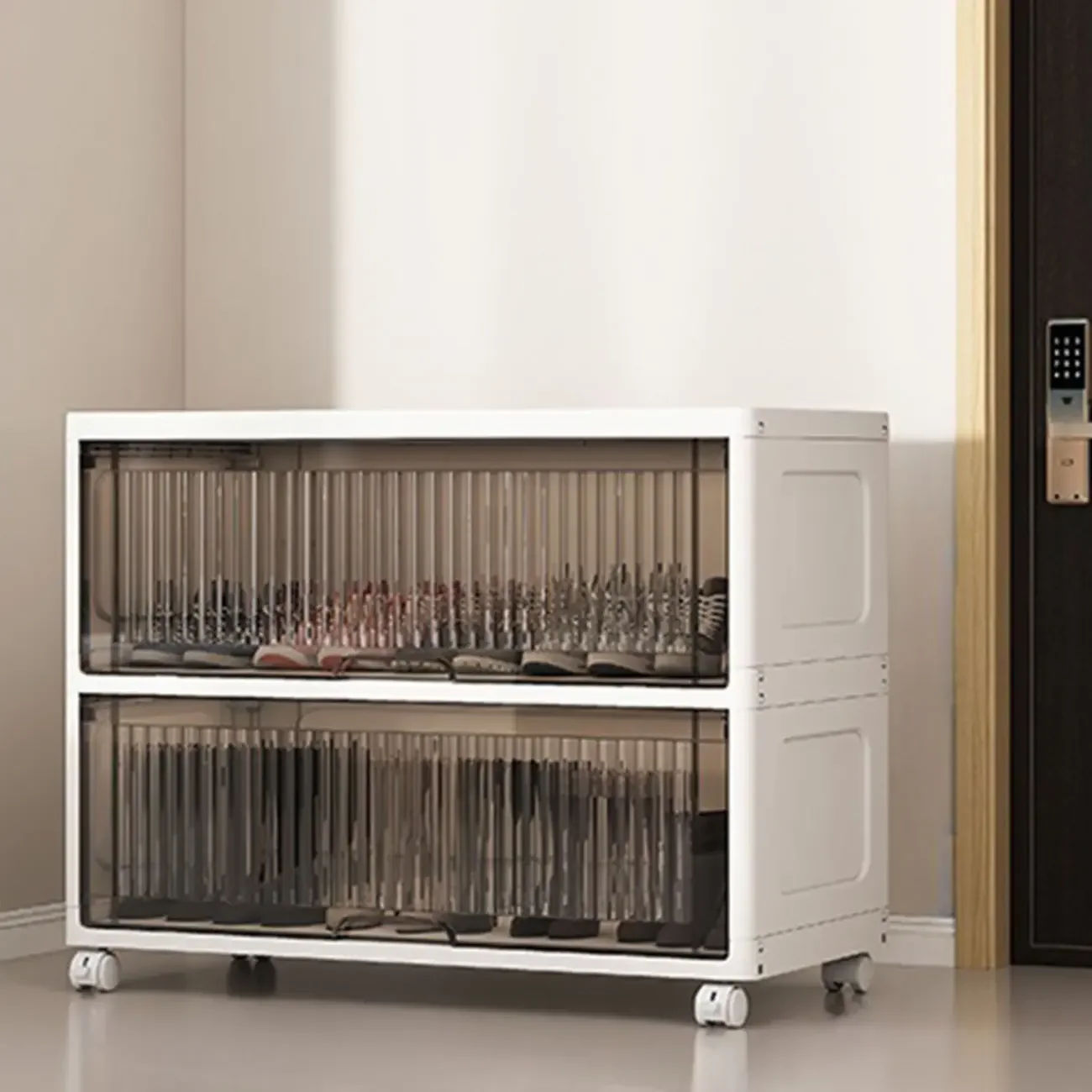 Hallway White Plastic Drop-Front Shoe Cabinet with Casters
