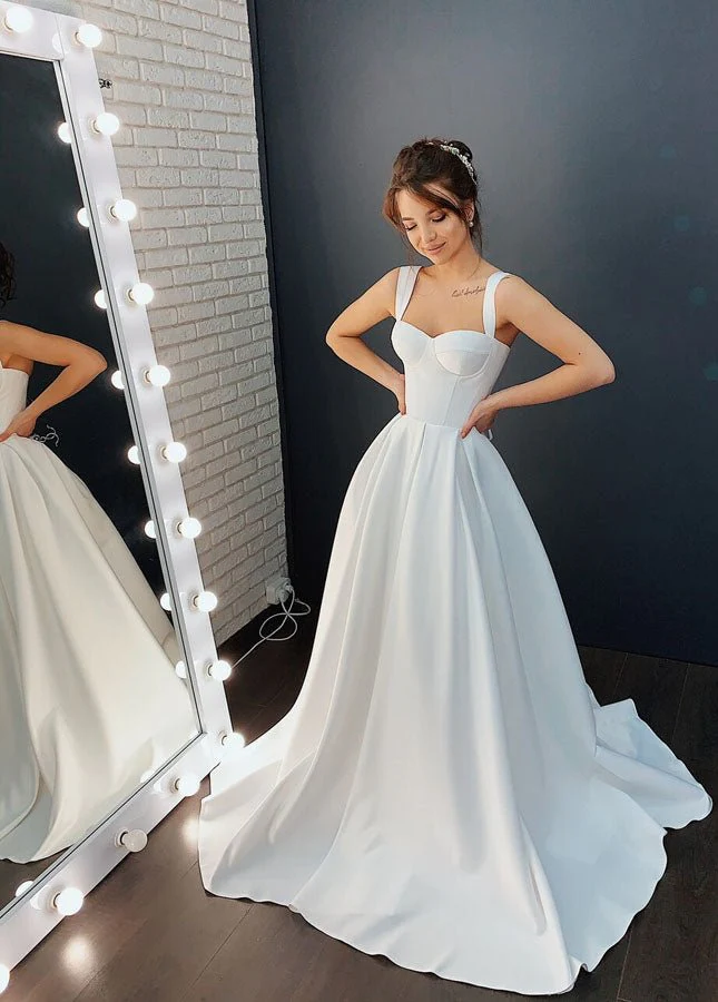 A-line Off-the-Shoulder Sleeveless Satin Simple Bride Wedding Dress