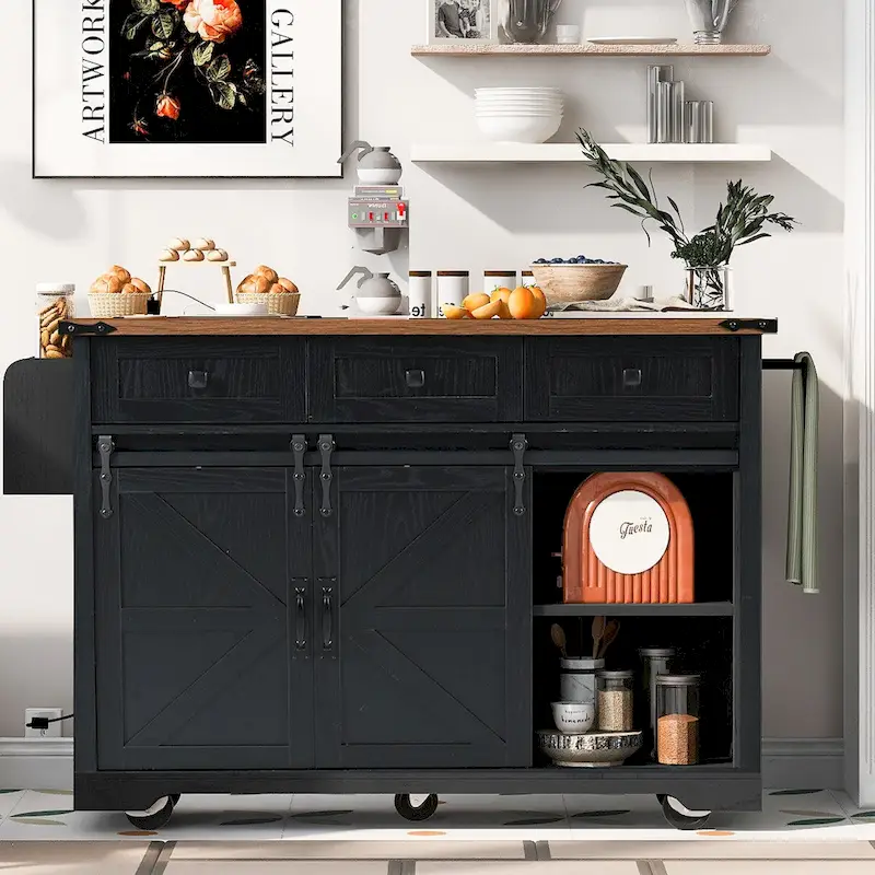 53.7 Farmhouse Kitchen Island with Power Outlet,2 Sliding Barn Door Kitchen Storage Island with Drop Leaf
