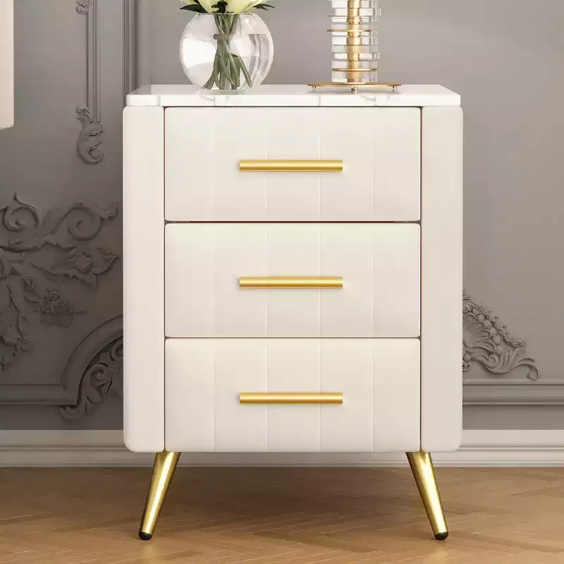 Modern Upholstered Nightstands with Drawer, Faux Marble Top and Gold Metal Legs, Elegant Bedside Tables for Bedroom or Sofa Side-Panipeachy
