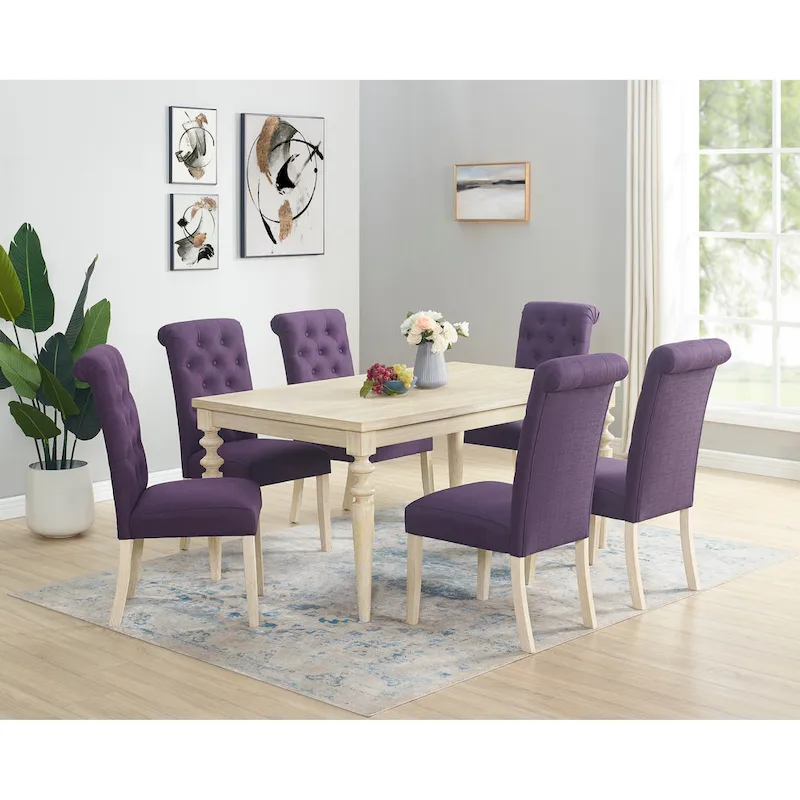 Roundhill Amonia 7-piece Dining Set, Turned-Leg Dining Table with 6 Tufted Chairs