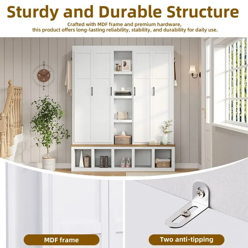 Farmhouse 4-in-1 Hall Tree with Open Display Shelves, Mudroom Shoe Bench with Open Compartments, Entryway Coat Rack with 6 Hooks